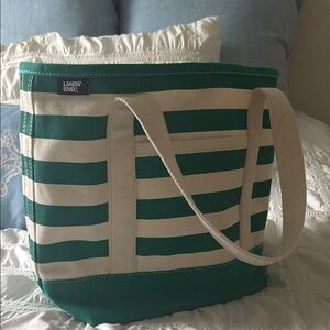 Lands' End Green and Cream Striped Tote Bag